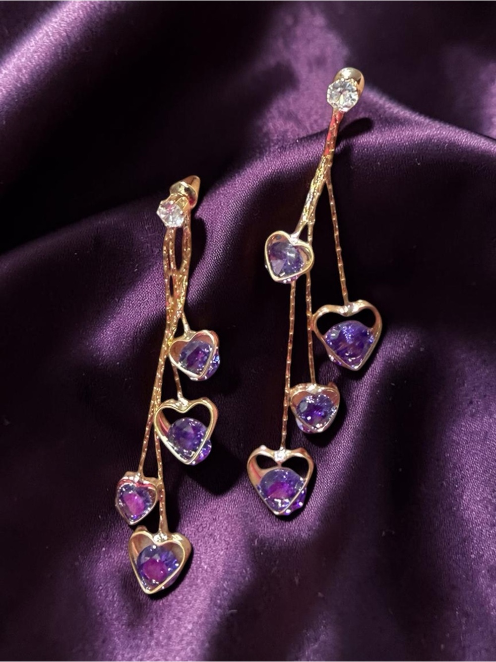 14k Gold Plated Purple Heart Drop Earrings - Women Jewelry